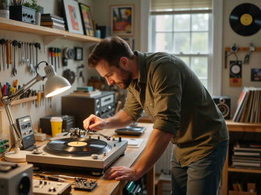 Professional workshop with craftsmen working on precision instruments and audio equipment