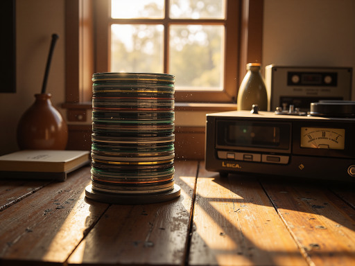 Premium温湿度计 and vinyl record player on elegant wooden surface with soft lighting