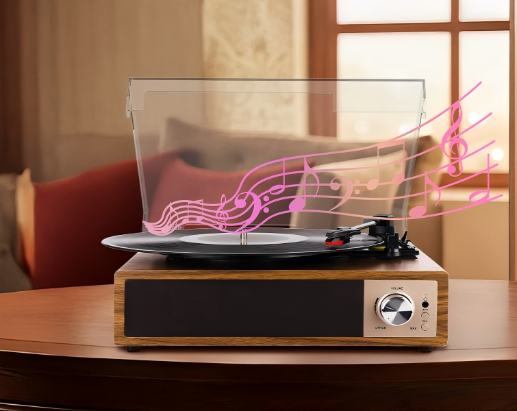 Premium温湿度计 and vinyl record player on elegant wooden surface with soft lighting